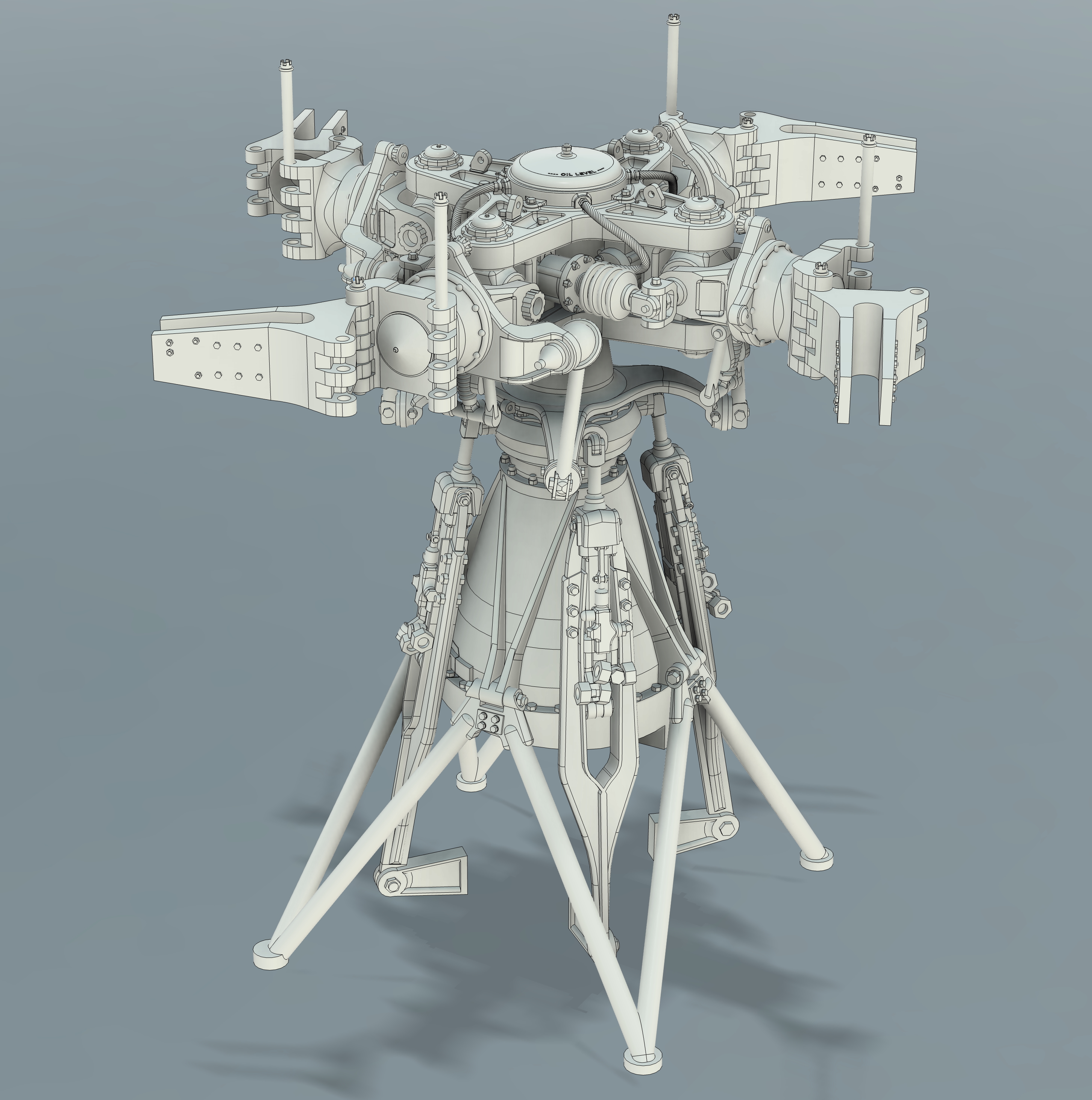 Main rotor head with visible gearbox and swashplate linkage detail
